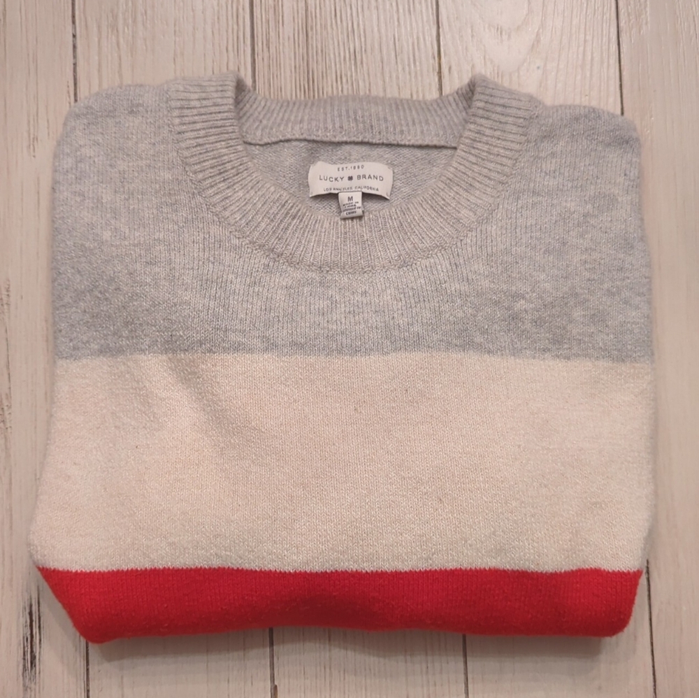 Lucky Brand Soft Ladies Medium L/Sleeve Red White & Gray Warm Scoop Neck Sweater